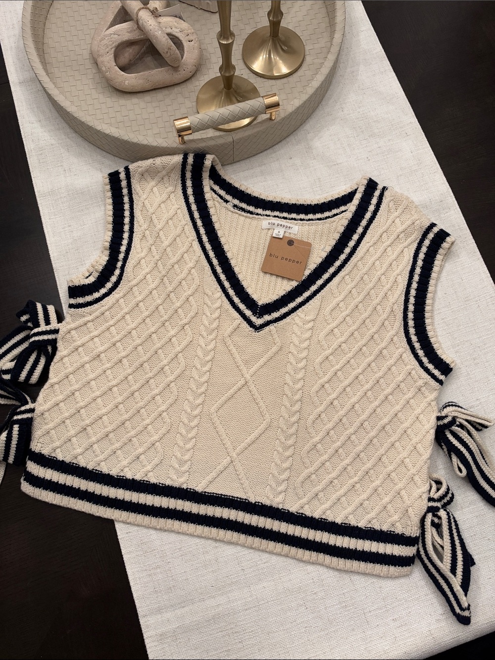 Blu Pepper Cream/Ivory Cable Knit V-Neck Sweater Vest with Navy Trim